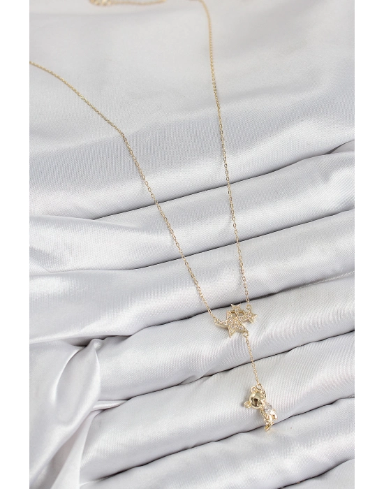 Pirinç Zirkon Taşlı Sallantılı Ayıcıklı Yıldız Model Gold Renk Kadın Kolye - Bamido