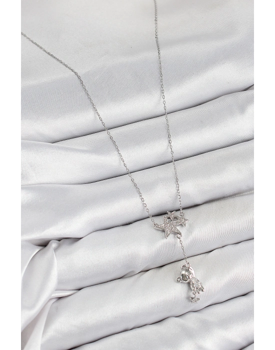 Pirinç Zirkon Taşlı Sallantılı Ayıcıklı Yıldız Model Gümüş Renk Kadın Kolye - Bamido