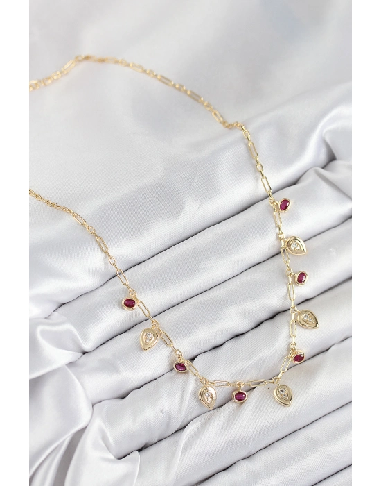 Pirinç Zirkon Taşlı Sallantılı Damla Model Gold Renk Kadın Kolye - Bamido