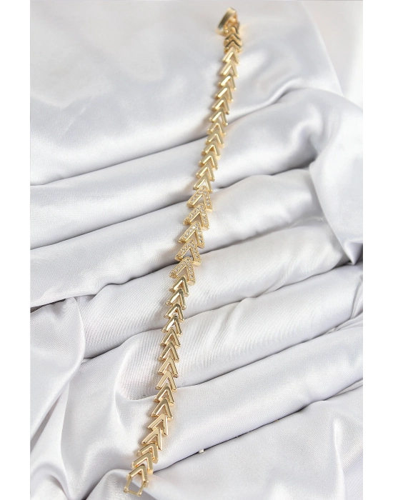 Pirinç Zirkon Taşlı Sıralı Ok Model Gold Renk Kadın Bileklik - Bamido