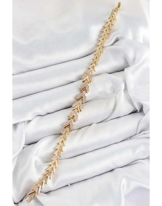 Pirinç Zirkon Taşlı Sıralı Ok Model Gold Renk Kadın Bileklik - Bamido