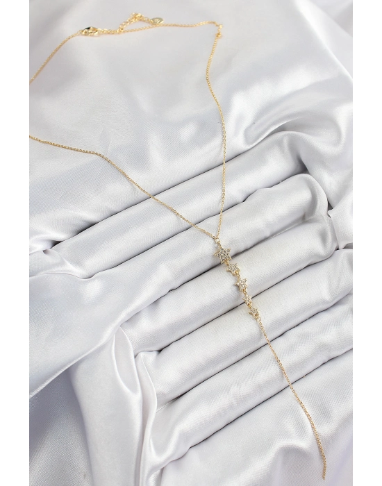 Pirinç Zirkon Taşlı Sıralı Yıldız Figürlü Y Model Gold Renk Kadın Kolye - Bamido