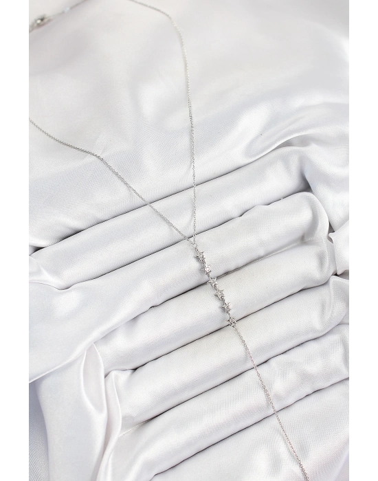 Pirinç Zirkon Taşlı Sıralı Yıldız Figürlü Y Model Gümüş Renk Kadın Kolye - Bamido