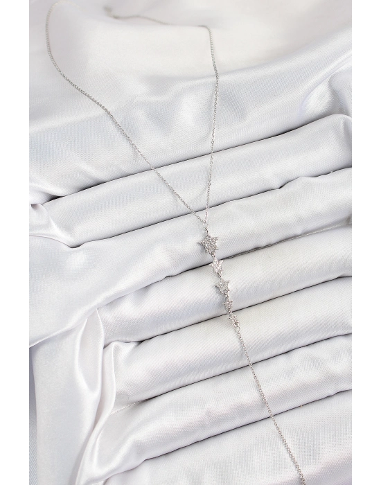 Pirinç Zirkon Taşlı Sıralı Yıldız Figürlü Y Model Gümüş Renk Kadın Kolye - Bamido