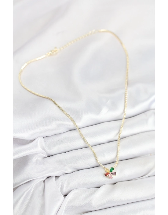 Pirinç Zirkon Taşlı Su Yolu Asorti Çiçek Model Gold Renk Kadın Kolye - Bamido