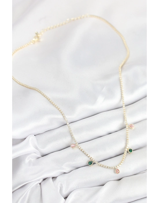 Pirinç Zirkon Taşlı Su Yolu Damla Model Gold Renk Kadın Kolye - Bamido