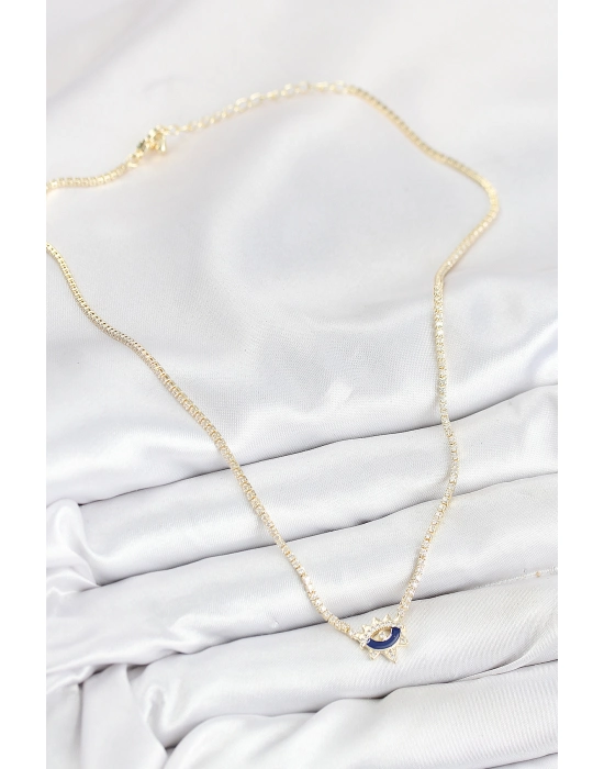 Pirinç Zirkon Taşlı Su Yolu Göz Model Gold Renk Kadın Kolye - Bamido