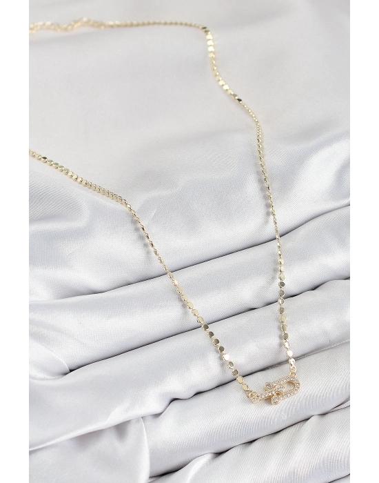 Pirinç Zirkon Taşlı Tifany Model Ezme Zincir Gold Renk Kadın Kolye - Bamido