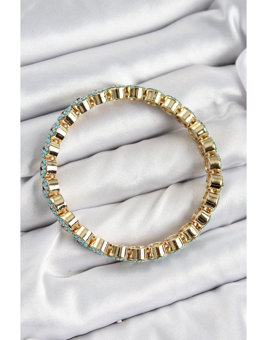Pirinç Zirkon Taşlı Turkuaz Nazar Model Gold Renk Lastikli Kadın Bileklik - Bamido
