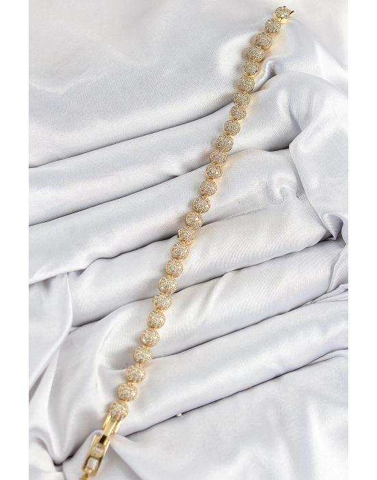 Pirinç Zirkon Taşlı Yarım Topcuk Model Gold Renk Vıp Seri Kadın Bileklik - Bamido