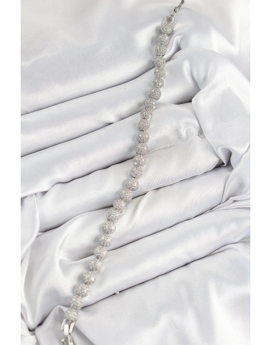 Pirinç Zirkon Taşlı Yarım Topcuk Model Gümüş Renk Vıp Seri Kadın Bileklik - Bamido