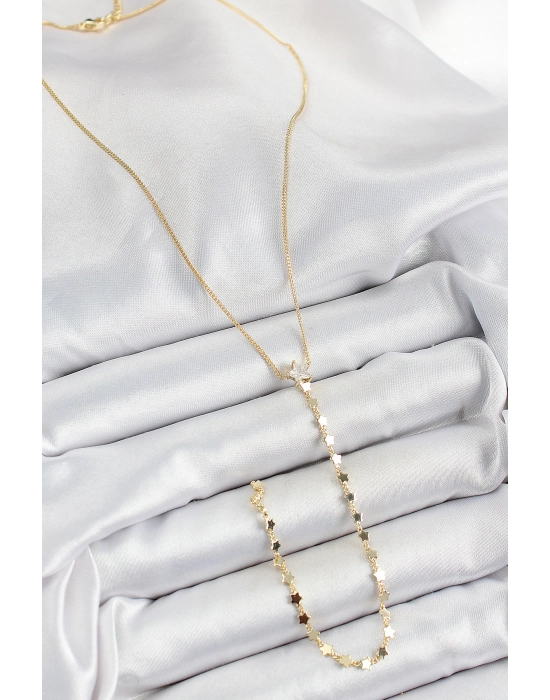 Pirinç Zirkon Taşlı Yıldız Figürlü Y Model Gold Renk Kadın Kolye - Bamido