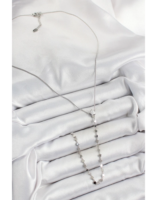 Pirinç Zirkon Taşlı Yıldız Figürlü Y Model Gümüş Renk Kadın Kolye - Bamido