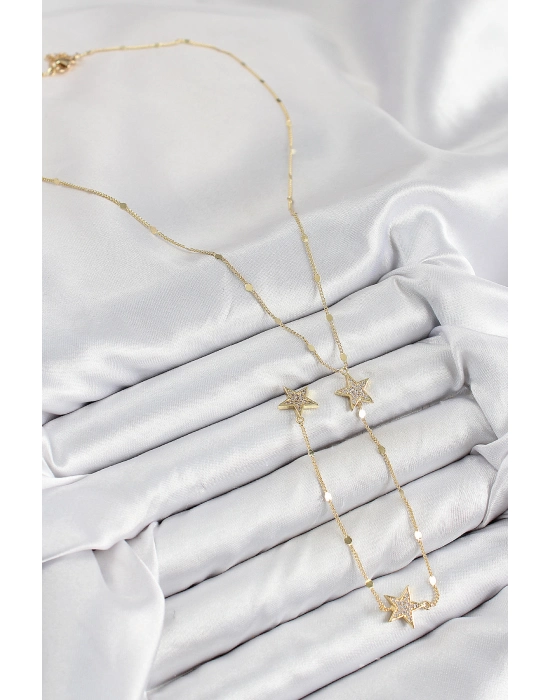 Pirinç Zirkon Taşlı Yıldız Model Gold Renk Y Kolye - Bamido