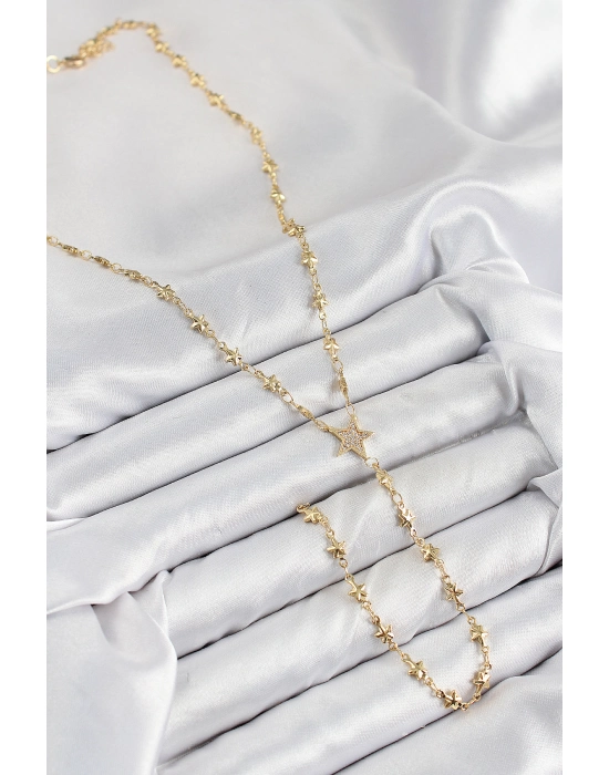 Pirinç Zirkon Taşlı Yıldız Model Gold Renk Y Kolye - Bamido