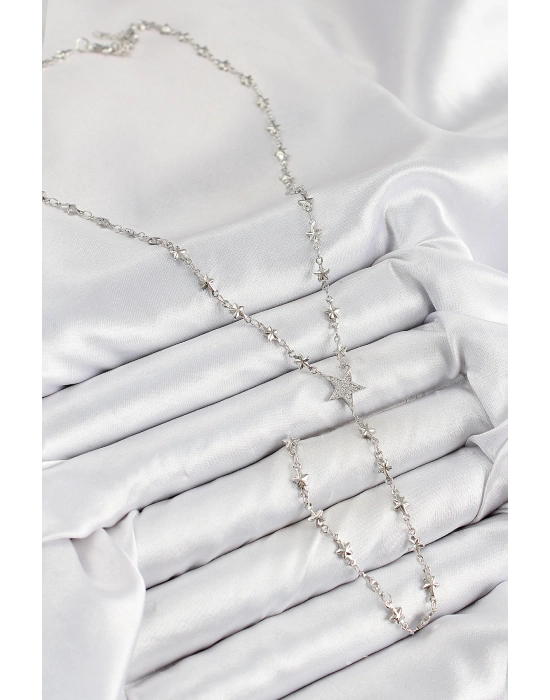 Pirinç Zirkon Taşlı Yıldız Model Gümüş Renk Y Kolye - Bamido