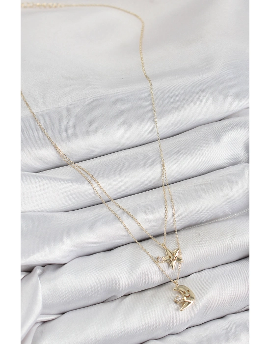 Pirinç Zirkon Taşlı Yıldız Ve Ay Model Gold Renk Kadın Kolye - Bamido