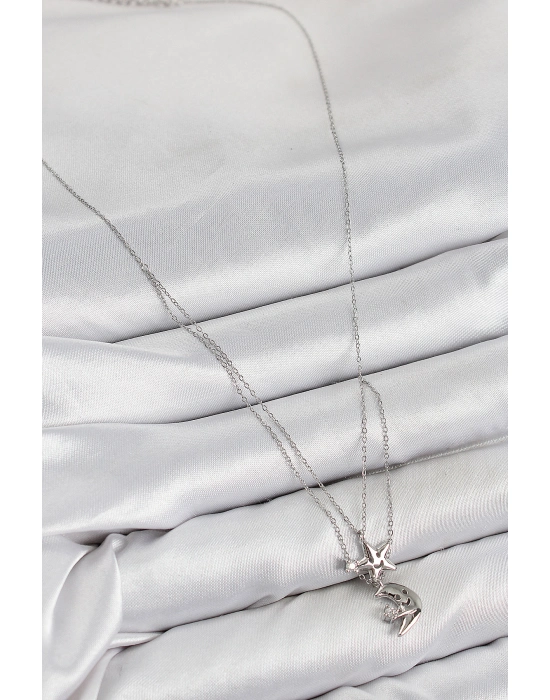 Pirinç Zirkon Taşlı Yıldız Ve Ay Model Gümüş Renk Kadın Kolye - Bamido