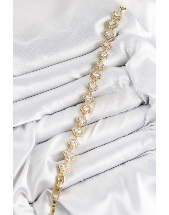 Pirinç Zirkon Taşlı Yonca Baget Model Gold Renk Vıp Seri Kadın Bileklik - Bamido