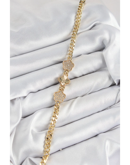 Pirinç Zirkon Taşlı Yonca Model Gold Renk Kadın Bileklik - Bamido