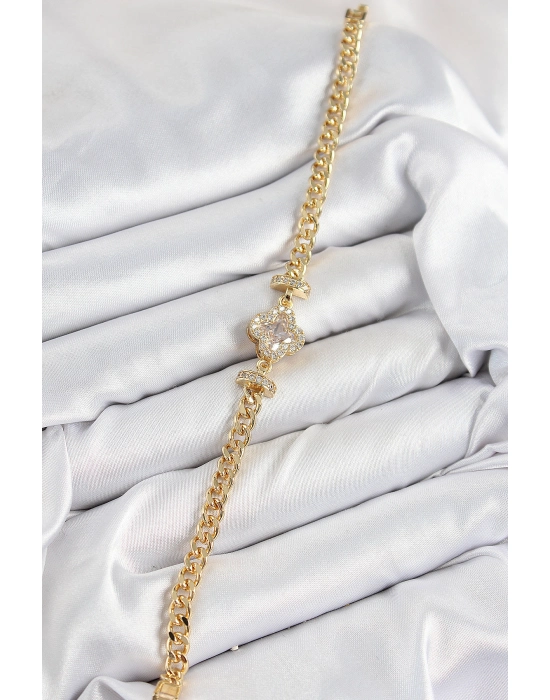 Pirinç Zirkon Taşlı Yonca Model Gold Renk Kadın Bileklik - Bamido