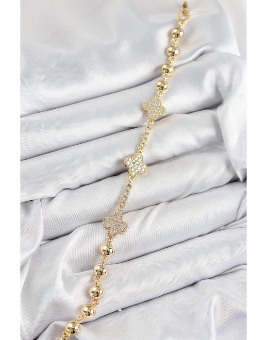 Pirinç Zirkon Taşlı Yonca Model Gold Renk Kadın Bileklik - Bamido