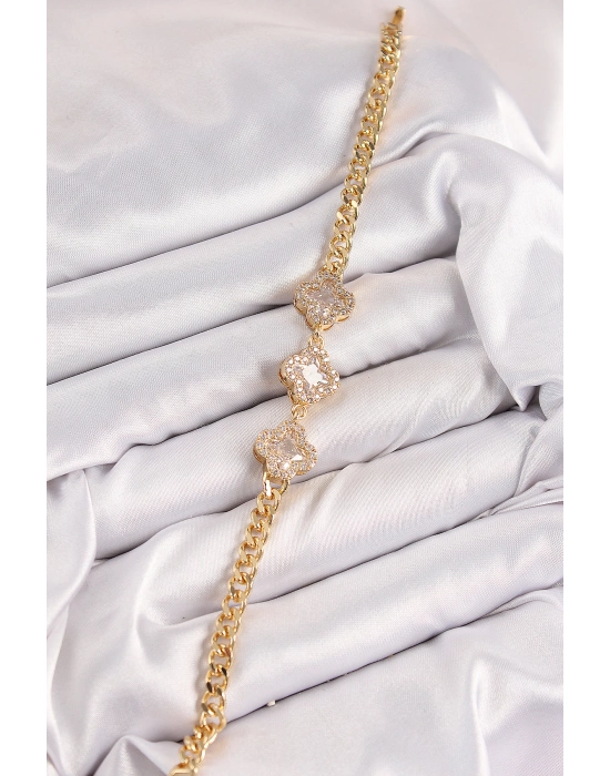 Pirinç Zirkon Taşlı Yonca Model Gold Renk Kadın Bileklik - Bamido