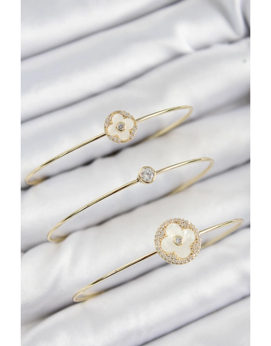 Pirinç Zirkon Taşlı Yonca Model Gold Renk Vip 3lü Kadın Bileklik - Bamido