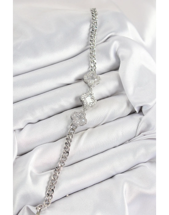 Pirinç Zirkon Taşlı Yonca Model Gümüş Renk Kadın Bileklik - Bamido