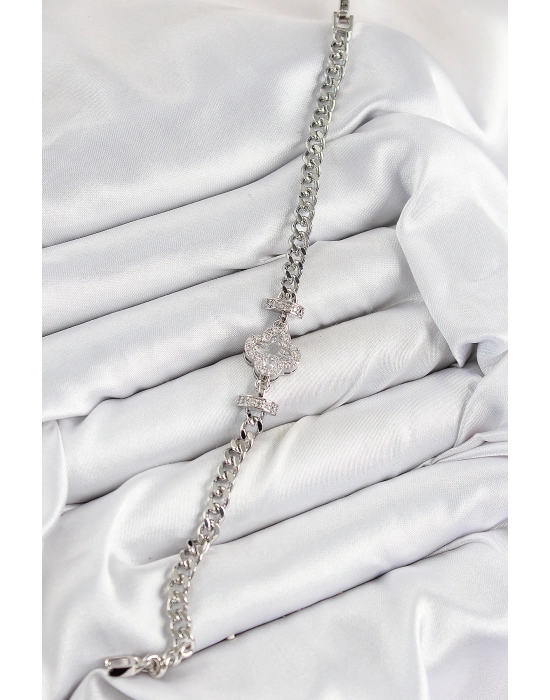 Pirinç Zirkon Taşlı Yonca Model Gümüş Renk Kadın Bileklik - Bamido