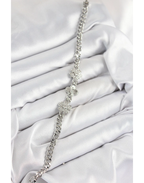 Pirinç Zirkon Taşlı Yonca Model Gümüş Renk Kadın Bileklik - Bamido