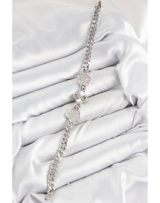 Pirinç Zirkon Taşlı Yonca Model Gümüş Renk Kadın Bileklik - Bamido