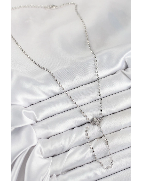 Pirinç Zirkon Taşlı Yonca Model Gümüş Renk Kadın Y Kolye - Bamido