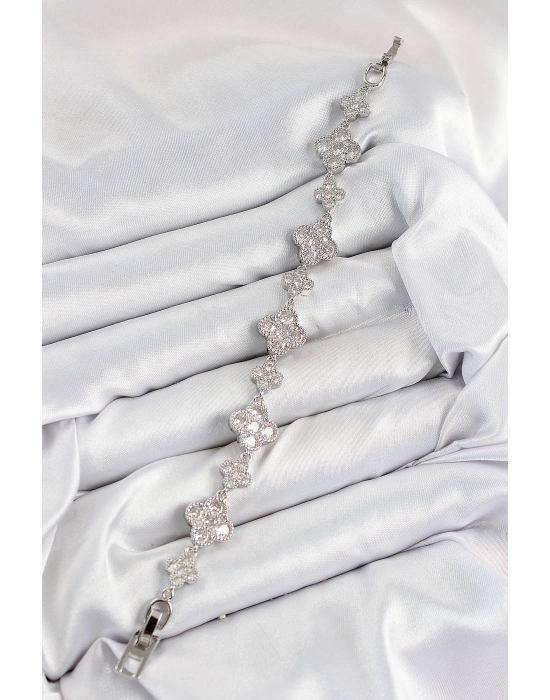 Pirinç Zirkon Taşlı Yonca Model Gümüş Renk Vıp Seri Kadın Bileklik - Bamido