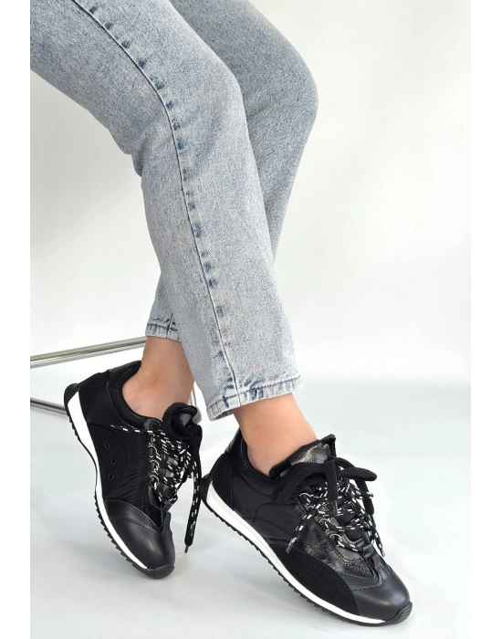 Ranu Siyah Cilt Paraşüt Detaylı Bağcıklı Spor Ayakkabı - Bamido