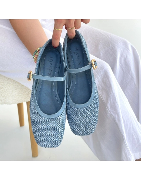 Rives Mavi Cilt Hasır Dokumalı Babet Ayakkabı - Bamido