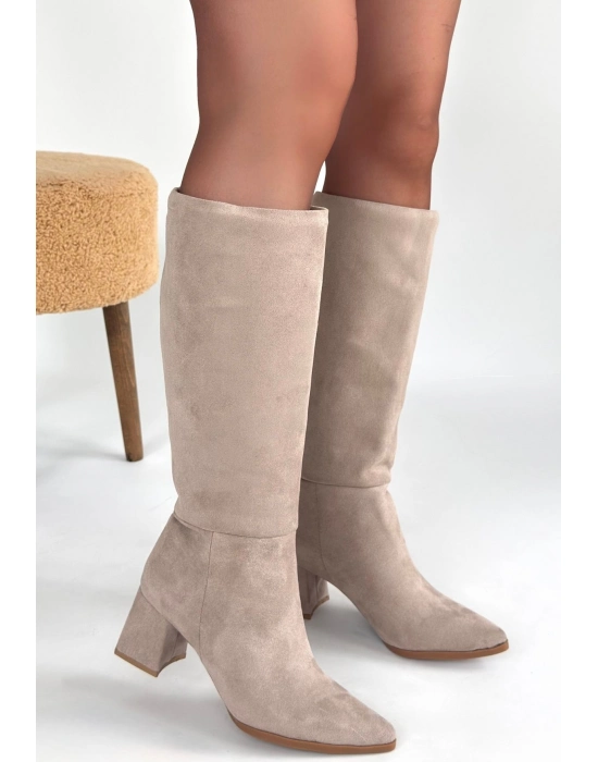 Roksa Bej Süet Topuklu Çizme - Bamido