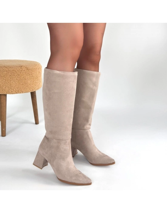 Roksa Bej Süet Topuklu Çizme - Bamido