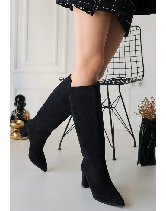 Roksa Siyah Süet Topuklu Çizme - Bamido