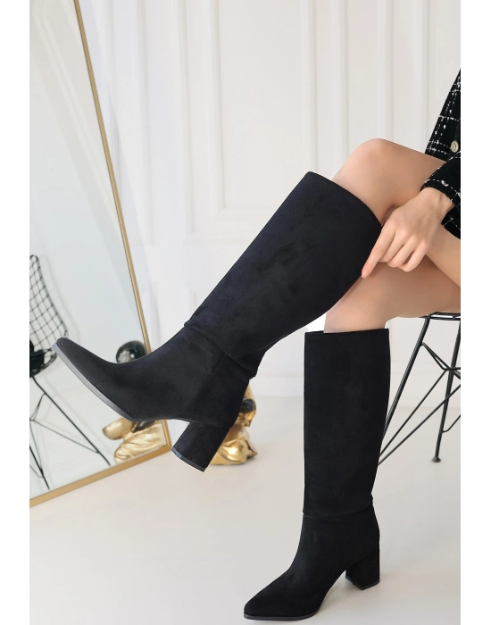 Roksa Siyah Süet Topuklu Çizme - Bamido