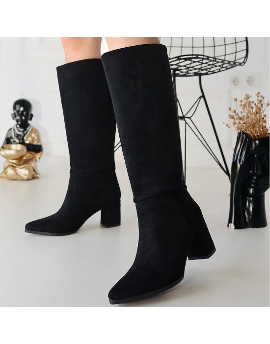 Roksa Siyah Süet Topuklu Çizme - Bamido