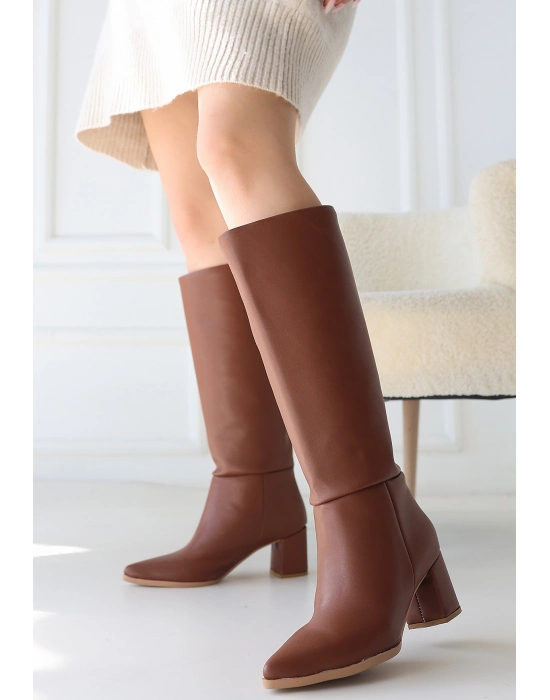 Roksa Taba Cilt Topuklu Çizme - Bamido