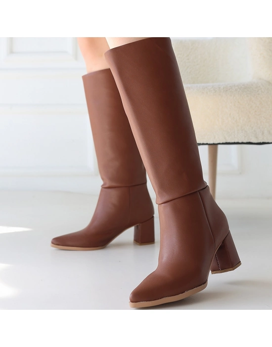 Roksa Taba Cilt Topuklu Çizme - Bamido