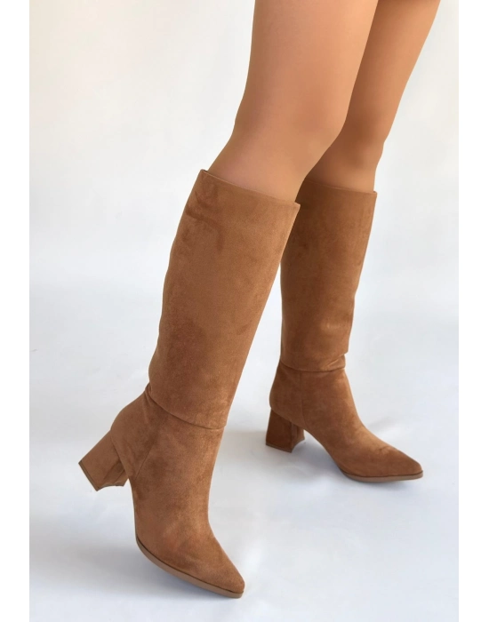 Roksa Taba Süet Topuklu Çizme - Bamido
