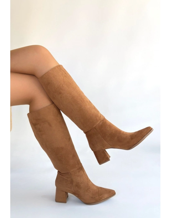 Roksa Taba Süet Topuklu Çizme - Bamido