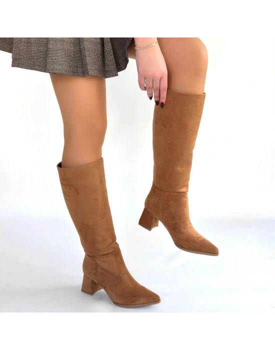 Roksa Taba Süet Topuklu Çizme - Bamido