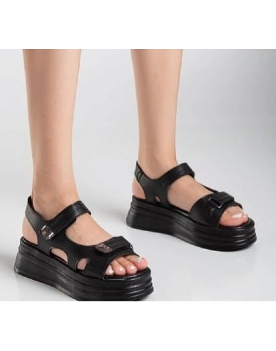 Saide Siyah Cilt Cırt Cırtlı Sandalet - Bamido