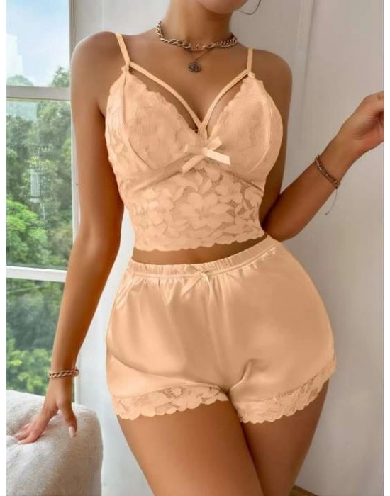 Sarı Dantelli Büstiyer İnce Askılı Saten Şortlu Takım