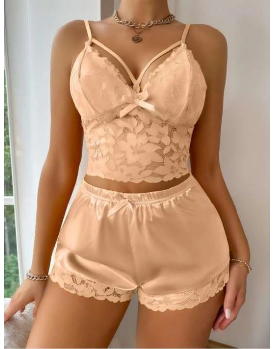 Sarı Dantelli Büstiyer İnce Askılı Saten Şortlu Takım