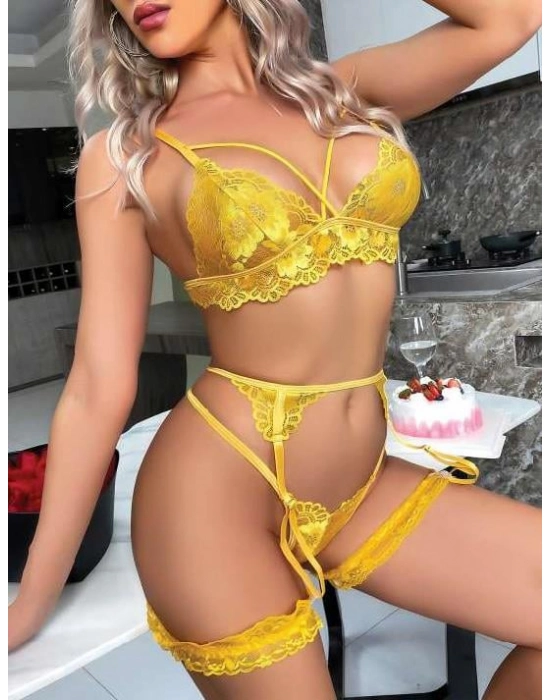 Sarı Göğüs İp Detaylı Fantezi Jartiyer Takım